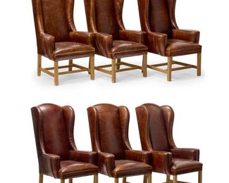 226
A set of Restoration Hardware "Belfort" leather armchairs
Early 21st century
Each unmarked
The wood high wingback armchairs with low slung arms, brown leather upholstery, and metal tacking over a box stretcher
6 pieces
Each: 49.25" H x 29" W x 31.5" D
Estimate: $1,000 - $1,500