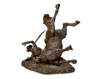 63
Robert Macfie Scriver
1914-1999
"Re-Ride," 1968
Patinated bronze
Edition: 2/6
Signed, dated, and numbered in the casting: © Bob Scriver / -2-
19.25" H x 21" W x 20" D
Estimate: $1,200 - $1,800