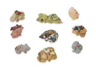 307
A group of Zuni carved stone frog fetish figures
Mid/late 20th century
Most variously signed by the artist
Comprising twenty-one frog figures from various makers such as Tyler Quam, Daisey Leonard, and Alfred Pancho, some with turquoise inlaid eyes, one mounted with offerings
21 pieces
Largest: 1.375" H x 2.5" W x 2" D
Estimate: $200 - $400