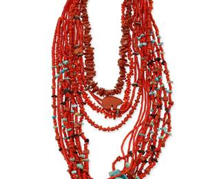 324
A group of Southwest coral and glass necklaces
Mid/late 20th century
Comprising a delicate six-strand barrel coral necklace with leather wrapped neck cord, a chunky six-strand coral and glass bead necklace with graduated turquoise and other stones, together with a double strand coral necklace with silver beads and a small carved coral bear fetish, a single strand of coral beads, as well as a single strand of red glass beads in two shapes, and a chunky graduated jasper strand necklace with bear fetish pendant, 6 pieces
Largest: 30" L; smallest: 18" L x 1" H
382.9 grams gross
Estimate: $500 - $700