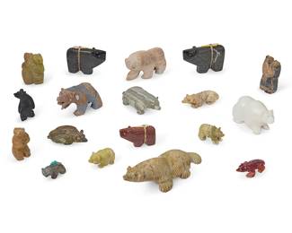 314
A group of Zuni carved stone bear fetish figures
Mid/late 20th century
Most variously signed by the artist or marked: Zuni
Comprising eighteen bear figures from various makers such as Tom Ahiyite and Lee Chavez, some with turquoise inlaid eyes, four mounted with offerings
18 pieces
Largest: 1.75" H x 3" W x 5.75" D
Estimate: $200 - $400