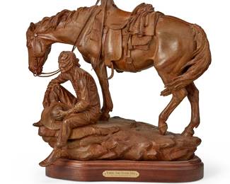 102
Pat Haptonstall
1943-1995
"Where Time Stands Still," 1993
Patinated bronze on a wood plinth
Edition: 3/18
Signed and numbered in the casting: © Pat Haptonstall CA; titled to metal plaque mounted to plinth
Bronze: 16.25" H x 19.25" W x 9.25" D; Overall: 18.375" H
Estimate: $1,000 - $1,500