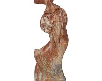 13
Upton (Greyshoes) Ethelbah Jr.
b. 1943, Santa Clara Pueblo/Apache
Untitled figure, 2002
Carved stone on a stone plinth
Incised signature and date near base: Greyshoes / 2002
Stone: 33" H x 9.75" W x 4.5" D; Overall: 34.25" H x 13.125" W x 8.125" D
Estimate: $2,000 - $4,000