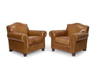 45
A pair of leather club chairs
Late 20th/early 21st century
Each unmarked
The leather over wood casket armchairs, each with brass tacking to front and curved crest rail, raised on modified bun feet
2 pieces
Each: 36" H x 44" W x 40.5" D
Estimate: $600 - $800