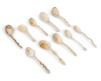 147
George Blake (b. 1944, Hupa/Yurok)
A group of carved elk antler spoons, late 20th century
Each unmarked
Each depicting a unique geometric design to handle
10 pieces
Largest: 8" L; Smallest: 6.125" L
Estimate: $800 - $1,200