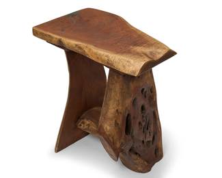 228
A Southwest-style side table
Late 20th/early 21st century
Unmarked
The natural wood table with turquoise and resin inlaid accents to one side above a modified H-stretcher
24.25" H x 24.5" W x 19" D
Estimate: $300 - $500