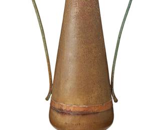 47
A Turchin Co. hammered copper and brass vase
Circa 1910; New York
Appears unmarked
The footed vase with flared rim, banded accent at waist, and opposed handles
17" H x 9.875" W x 6.375" D
Estimate: $200 - $400