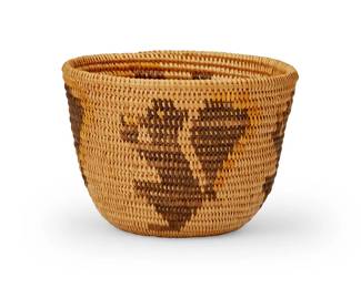 134
A Panamint pictorial basket
Early 20th century; Central California
The coiled basketry bowl depicting four brown squirrel figures with yellow tail accents
3.625" H x 5.125" Dia.
Estimate: $400 - $600