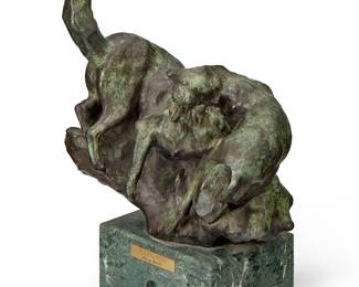 95
Sherry Salari Sander
b. 1941
"Playing Foxes," 1983
Verdigris patinated bronze on a marble plinth
Signed and dated in the casting: S Sander / © 83; titled to metal plaque
Bronze: 11.25" H x 10.75" W x 8" D; Overall: 14.125" H
Estimate: $400 - $600