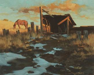 91
Gary Niblett
b. 1943
"The Old North Shack"
Oil on canvas
Signed lower right: G. Niblett; titled in ink on the stretcher
8" H x 10" W
Estimate: $400 - $600