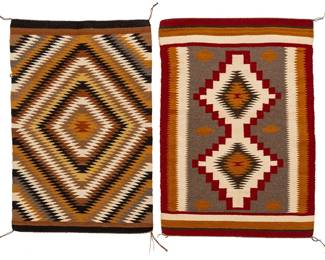 196
Two Navajo regional rugs
Mid-20th century, Diné
The diamond textile with tag: Genuine Navajo Rug
Comprising an eyedazzler textile woven in cream, black, tan, brown, ochre, and light brown wool, and a textile depicting two conjoined serrated and stepped diamonds, woven in red, ochre, cream, dark brown, and natural grey/brown
2 pieces
Diamonds: 39.5" H x 29.25" W; Eyedazzler: 38" H x 26" W
Estimate: $200 - $400