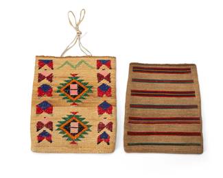 246
Two Nez Perce corn husk bags
Late 19th/early 20th century
The double-sided flat twined bags, comprising one with imbricated stripes to one side and elaborate crosses and diamonds to the other, and another with imbricated chevrons flanking floating serrated diamonds to one side, and stepped and arrow feather motifs to the other
2 pieces
Larger: 10.875" H x 9.5" W; Smaller: 10.125" H x 8.75" W
Estimate: $400 - $600