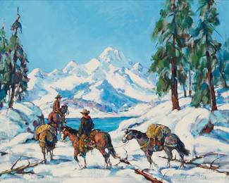 56
Marjorie Reed
1915-1996
"Packing into the High Country"
Oil on canvas
Signed lower right: Marjorie Reed; signed again and titled on an artist label affixed to the stretcher
22" H x 28" W
Estimate: $2,000 - $3,000