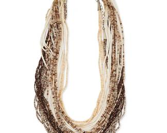 328
A group of Southwest Heishi shell necklaces
Mid/late 20th century
Five multistrand heishi shell necklaces with beads of varying sizes, including melon heishi, clam, and olive shell heishi, two with traditional leather neck cords and one with a wrapped neck cord, 5 pieces
Largest: 30" L; smallest: 26 1/2" L
240.0 grams gross
Estimate: $1,000 - $1,500