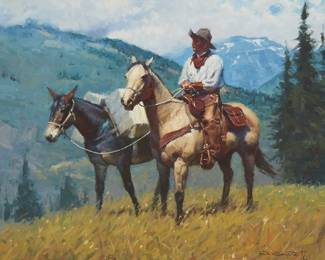 62
Antonio Di Donato
20th/21st century
Cowboy and pack mule in the high country
Oil on canvas
Signed lower right: Di Donato
20" H x 24" W
Estimate: $2,000 - $3,000