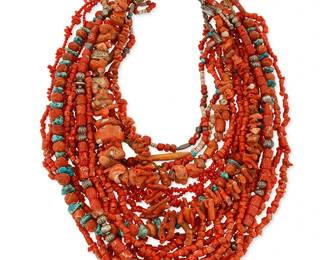 323
A group of Southwest coral and spiney oyster necklaces
Historic and later
Comprising a ten-strand coral necklace with a string neck cord, a three-strand coral necklace with wrapped neck cord, a double-strand coral necklace with heishi, turquoise and silver bead spacers, as well as five single-strand chunky coral necklaces with various beads including turquoise and silver, 8 pieces
Largest: 31 1/2" L; smallest: 23 1/4" L
802.1 grams gross
Estimate: $700 - $900