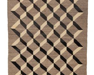 200
A Navajo regional rug
Mid-20th century, Diné
Woven in black, cream, and natural grey/brown wool, depicting a geometric optical interwoven diamond pattern
51" H x 28.5" W
Estimate: $300 - $500
