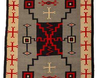 177
A Navajo Crystal J.B. Moore rug
Early 20th century, Diné
Woven in red, cream, grey, and black wool, depicting a storm pattern centering a spider woman motif border, plate XXVIII variation
84.5" H x 69" W
Estimate: $1,000 - $2,000