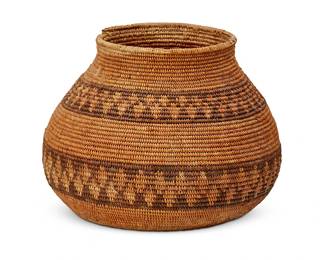 131
A Yokuts basketry olla
Early 20th century; Central California
The coiled basketry vessel with two banded brown rattle snake motifs
7.375" H x 9" Dia.
Estimate: $500 - $700