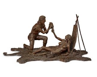 87
George Montgomery
1916-2000
"Halfbreed," 1978
Patinated bronze
Edition: 1/27
Signed, dated, and titled in the casting: © By George Montgomery / To
11" H x 16" W x 23" D
Estimate: $1,000 - $2,000