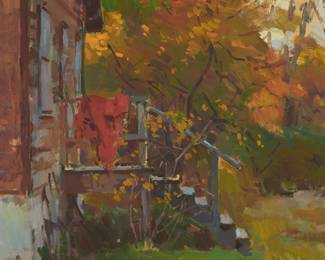 78
Sergei Bongart
1918-1985
Porch with red coat on railing
Oil on Masonite
Unsigned
26" H x 24" W
Estimate: $600 - $800