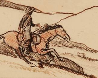 59
Maynard Dixon
1875-1946
Rider on horseback, 1933
Mixed media on paper
Initialed and dated in pencil lower left: MD / 1933
Image/Sheet: 2.875" H x 6.25" W
Estimate: $6,000 - $8,000