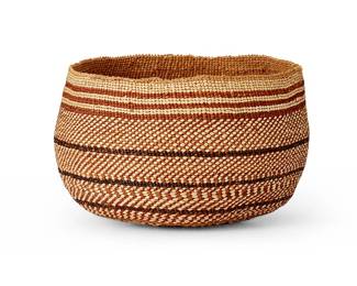 142
A Hupa polychrome basketry bowl
Early/mid-20th century; Northwest California
The twined bowl with imbricated red, dark brown, and light brown banded stripes
4.75" H x 7.375" Dia.
Estimate: $400 - $600