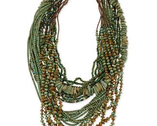 360
A group of Colorado turquoise necklaces
Mid/late 20th century
Comprising a five-strand necklace with turquoise and micro-heishi spacers, a ten-strand necklace with diminutive turquoise beads, as well as two three-strand necklaces, and three single strands, including one with chunky turquoise beads, 7 pieces
Largest: 34 1/2" L; smallest: 24" L
380.6 grams gross
Estimate: $400 - $600