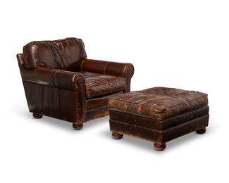 221
A Restoration Hardware "Lancaster" armchair and ottoman
Late 20th/early 21st century
Armchair with Restoration Hardware tag under seat cushion
The low and deep armchair with leather upholstery over a wood casket, raised on bun feet, matched with conforming ottoman
2 pieces
Chair: 37" H x 42" W x 43" D; Ottoman: 18.5" H x 34" W x 30" D
Estimate: $400 - $600