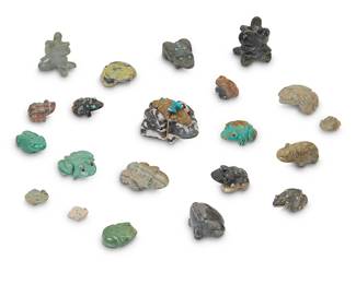 326
A group of Zuni carved stone frog fetish figures
Mid/late 20th century
Two variously signed by the artist
Comprising nine frog figures from various makers such as Annette Tsikewa and Tyler Quam, some with turquoise inlaid eyes, seven mounted with offerings
9 pieces
Largest: 1" H x 3.5" W x 1.875" D
Estimate: $200 - $400