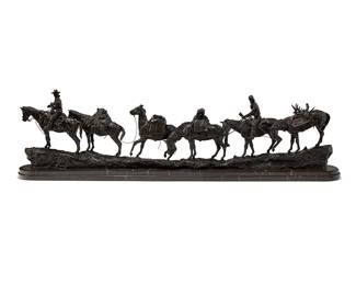 101
Earle Erik Heikka
1910-1941
"Trophy Hunters" or "Bringing Home the Bacon," 1936
Patinated bronze on a marble plinth
Signed and dated in the casting: Earle Heika / 36
Stamped in the casting: HEIKKA FOUNDRY / 1982 / 6/1000
15.125" H x 55.25" W x 6.25" D
Estimate: $8,000 - $12,000