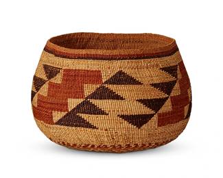 139
A Hupa/Yurok/Karuk polychrome basketry bowl
Early 20th century; Northern California
The twined bowl with brown and red imbricated banded rim and stepped motifs to body
5.25" H x 7.75" Dia.
Estimate: $600 - $800