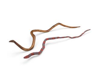 170
Two Southwest snake dance sticks
Early/mid-20th century
Comprising two carved wood snake sticks, one polished wood, and one with pigmented alternating purple and red stripes
2 pieces
Polished: 4.75" H x 34.25" L x 8.5" W; Pigmented: 2.25" H x 33" L x 5.5" W
Estimate: $200 - $400