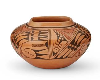 252
Jeanette Sahu (active 20th century, Hopi-Tewa)
A polychrome pottery jar, mid-20th century
Signed to underside: Jeanette Sahu
The three-color jar with squared lip above banded kiva step and eagle feather motifs to body
4.5" H x 7.5" Dia.
Estimate: $200 - $400