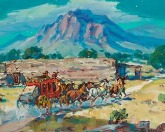 51
Marjorie Reed
1915-1996
"The Butterfield Stage From San Francisco Arrives at the Pinery Station"
Oil on canvasboard
Signed lower right: Marjorie Reed; signed and titled on an artist label affixed verso, further inscribed verso: For Bill and Barbara Sageman / with Love- / Marjorie
8" H x 10" W
Estimate: $700 - $900