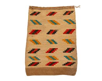 245
A Nez Perce double-sided cornhusk bag
Early 20th century; Columbia River Plateau
The hemp fiber twined flat bag with a wool yarn drawstring, one side featuring imbricated alternating floating stepped motifs, the other depicting imbricated alternating rows of triangles and floating diamonds
24.5" H x 18.25" W
Estimate: $300 - $500