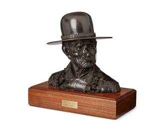 171
Robert C. Rishell
1917-1976
"Grey Whiskers"
Patinated bronze on a wood plinth
Edition: 25/25
Signed, numbered, and titled in the casting: © Rob T.C. Rishell
Bronze: 11" H x 11.75" W x 9.5" D; Plinth: 3" H x 14" W x 7" D
Estimate: $300 - $500