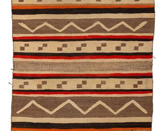 205
A Navajo saddle blanket
Early/mid-20th century, Diné
Woven in red, orange, dark brown, tan, cream, and natural brown wool, depicting alternating banded geometric motifs and stripes
48" H x 29" W
Estimate: $400 - $600