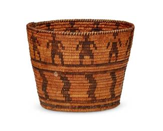 161
An Apache pictorial basket
Early 20th century; Southwest United States
The coiled flared basket with an upper register of standing figures above banded vertical zig zag motifs
6.125" H x 8" Dia.
Estimate: $500 - $700