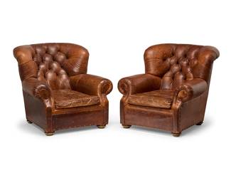 225
A pair of Restoration Hardware "Churchill" leather armchairs
Late 20th/early 21st century
Each with Restoration Hardware tag under seat cushion
The wood armchairs with tufted leather upholstery and brass tacking along bottom edge and verso, raised on bun feet
2 pieces
Each: 38" H x 38.5" W x 46" D
Estimate: $700 - $900