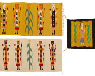 211
Three Navajo Yei Bi Chei weavings
Mid-20th century, Diné
Each woven in multicolor wool, two depicting four Yei Bi Chei spirit figures centering a corn stalk, and one smaller depicting a single corn maiden centering two stalks
3 pieces
Largest: 20" H x 39.5" W; Smallest: 18" H x 17.5" W
Estimate: $500 - $700