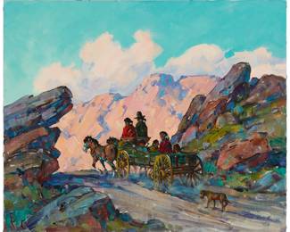 53
Marjorie Reed
1915-1996
"Homeward Bound at Sunset"
Oil on canvas
Signed lower right: Marjorie Reed; signed again and titled in pen ink on label affixed to the stretcher
20" H x 24" W
Estimate: $1,000 - $1,500