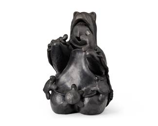 262
Randall (Randy) Chitto
b. 1962, Choctaw
Turtle storyteller figure wearing a bear hide
Blackware ceramic
Incised with artist's cipher to underside
10.75" H x 6.875" W x 8" D
Estimate: $800 - $1,200