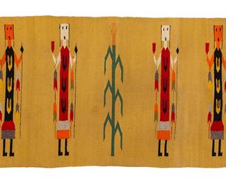 210
A Navajo Yei Bi Chei weaving
Mid-20th century, Diné
Woven in black, yellow, orange, red, green, grey, tan, and white wool on a pale yellow ground, depicting four Yei Bi Chei spirit figures centering a corn stalk
30" H x 58.25" W
Estimate: $300 - $500