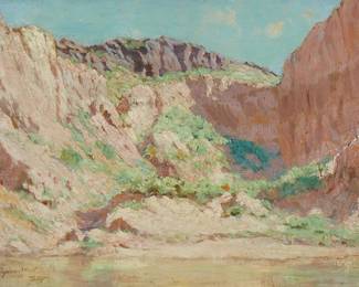 83
Frank Paul Sauerwein
1871-1910
"The Washout," 1908
Oil on board
Signed and dated lower left: F. P. Sauerwein / 1908; titled very faintly on the verso
9" H x 12" W
Estimate: $1,500 - $2,000