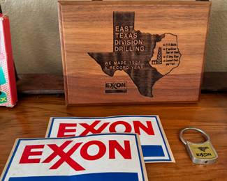 Exxon stickers, plaque and keychain