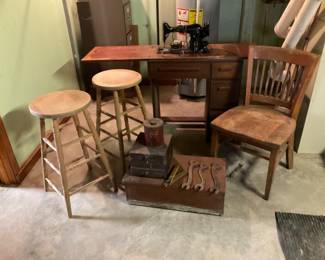 WOOD STOOLS, SEWING MACHINES, TOOLS