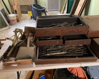 OLD WOOD TOOL BOX WITH TOOLS