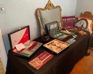 THREE SETS OF NICE VINTAGE FLATWARE. NICE VINTAGE MIRROR 