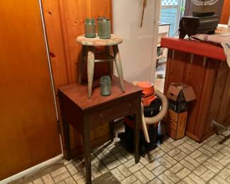 VINTAGE JARS, STOOLS